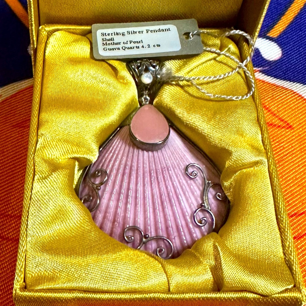 Sterling Silver Guava Quartz Mother of Pearl Shell w Black Cord. Satin Lined Box